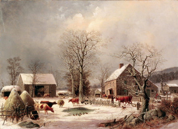 Landscape Oil Painting - Winter Farmstead Scene, Cattle, Barn & Snow - Oil Painting Haven