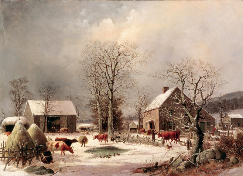 Landscape Oil Painting - Winter Farmstead Scene, Cattle, Barn & Snow - Oil Painting Haven