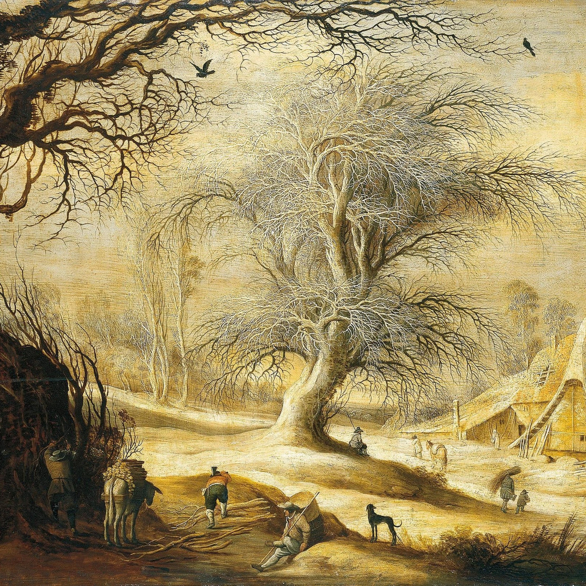Hand-painted winter farmyard with bare trees landscape oil painting on canvas