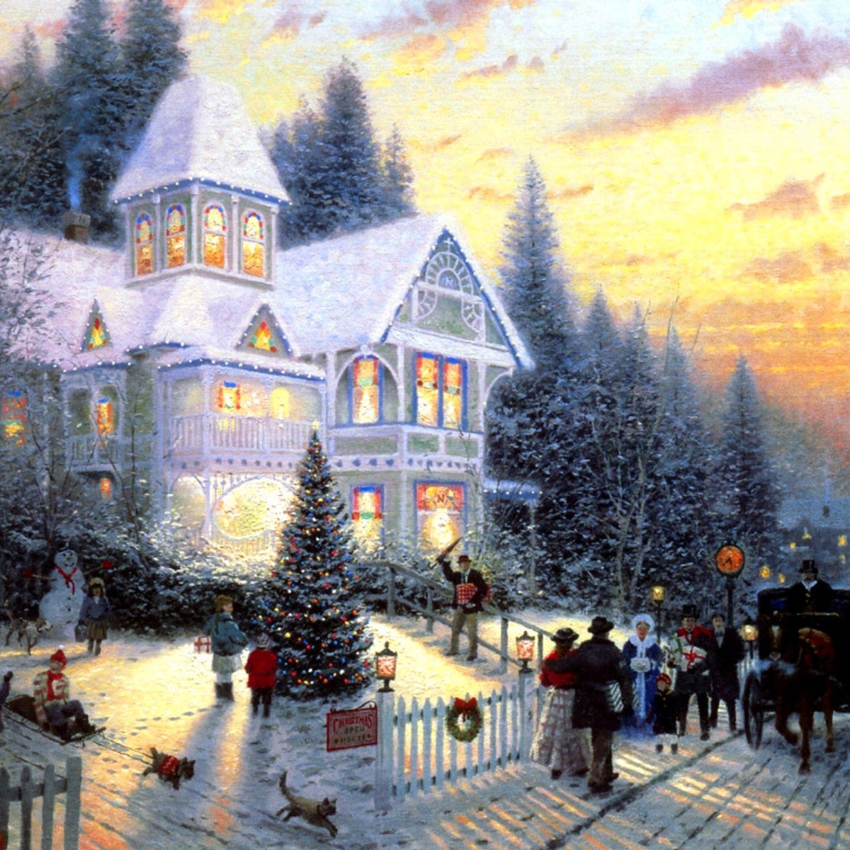 Landscape Oil Painting - Winter Festive Victorian With Christmas Tree - Oil Painting Haven