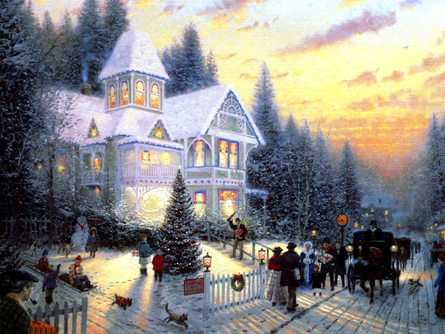 Landscape Oil Painting - Winter Festive Victorian With Christmas Tree - Oil Painting Haven