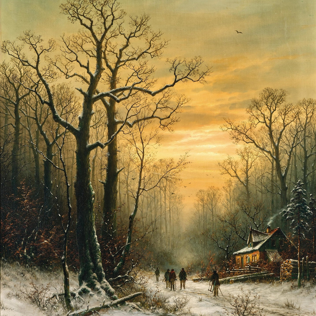 Hand-painted winter forest cottage and stream at sunset landscape oil painting on canvas
