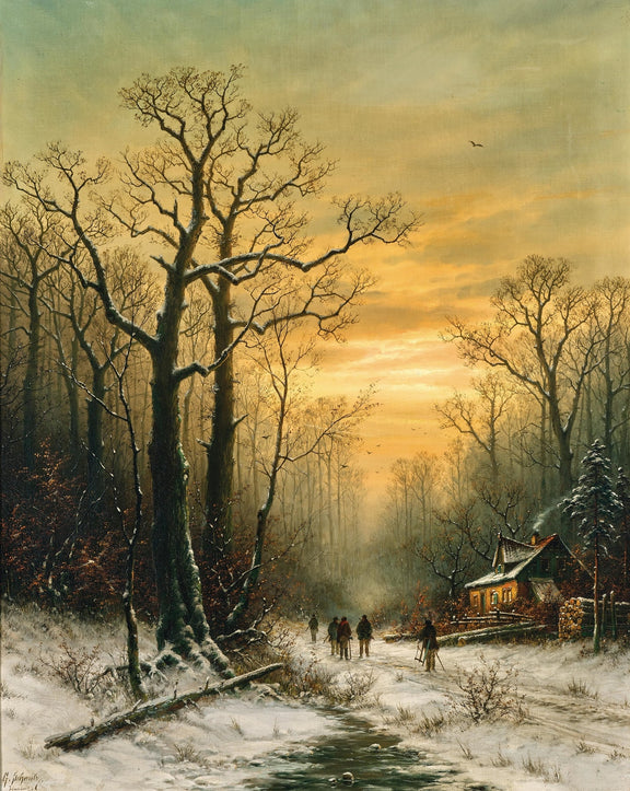 Hand-painted winter forest cottage and stream at sunset landscape oil painting on canvas