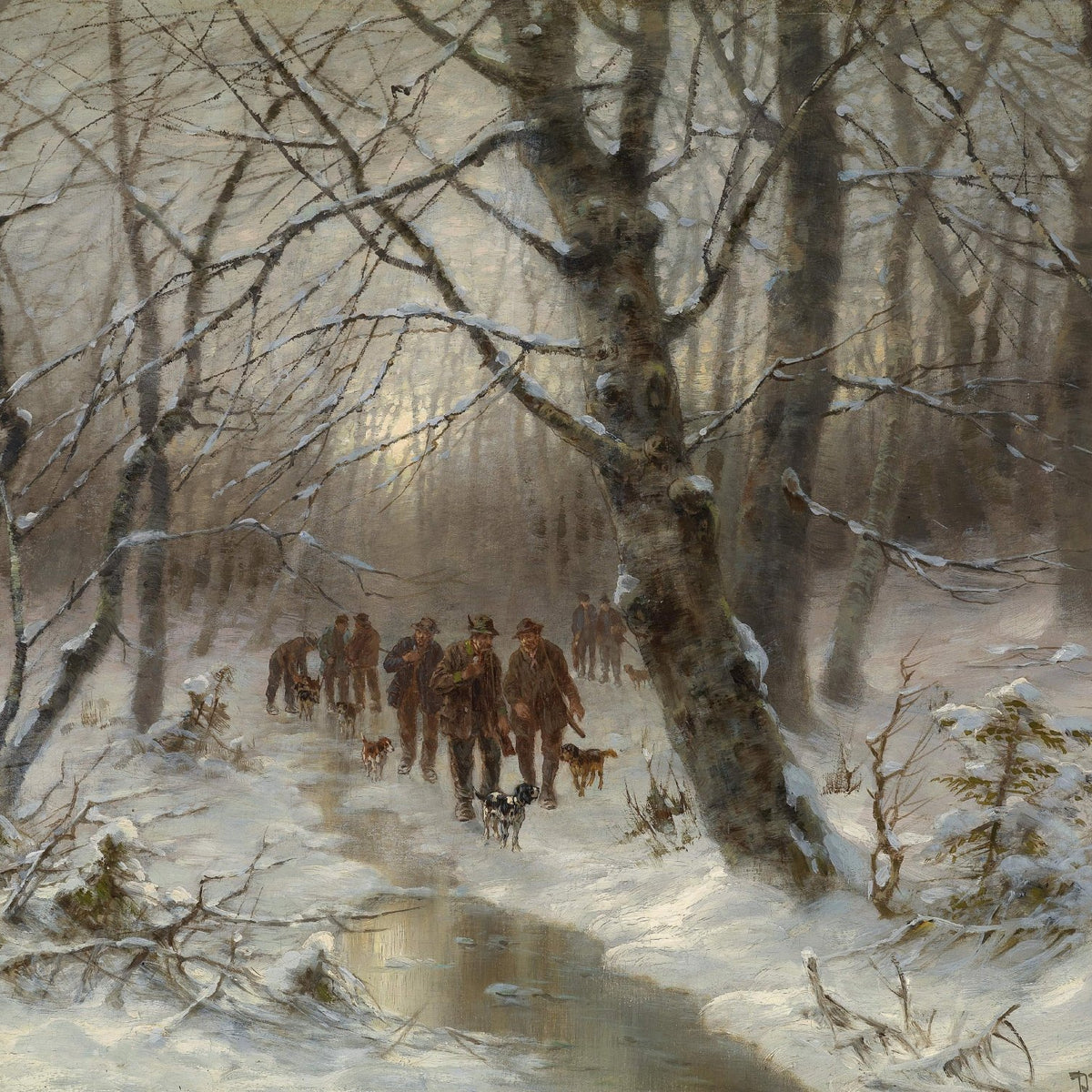 Landscape Oil Painting - Winter Forest Hunting, Hunters & Snowy Woodland - Oil Painting Haven
