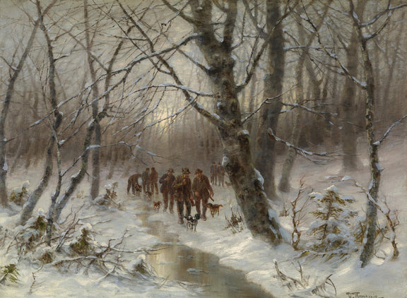 Landscape Oil Painting - Winter Forest Hunting, Hunters & Snowy Woodland - Oil Painting Haven