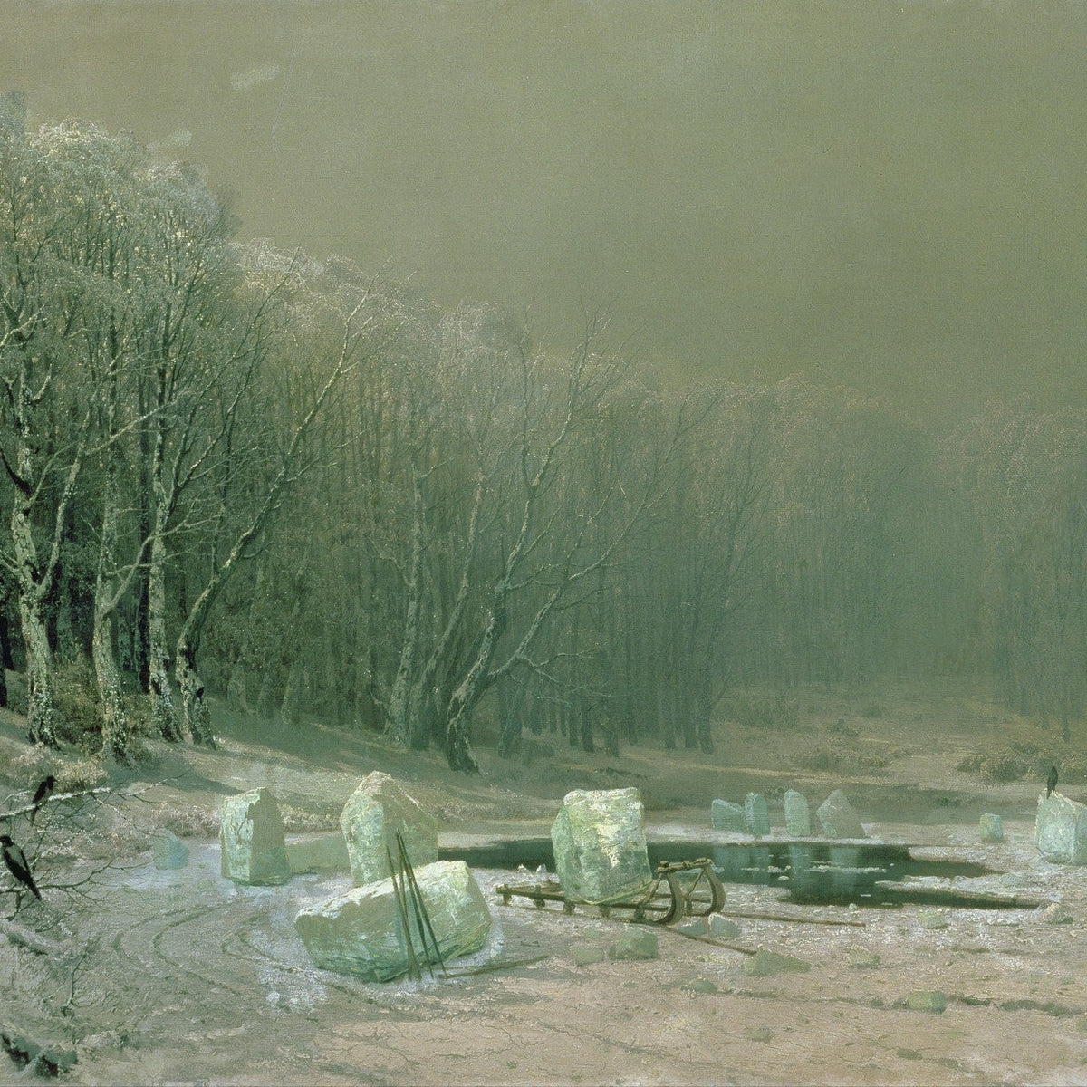 Landscape Oil Painting - Winter Forest Ice Scene, Sled, Stones & Ravens - Oil Painting Haven