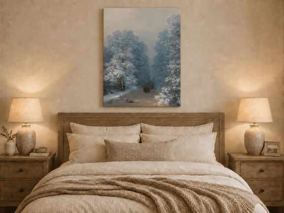 Hand-painted winter forest path landscape oil painting displayed above a bed in a bedroom interior.