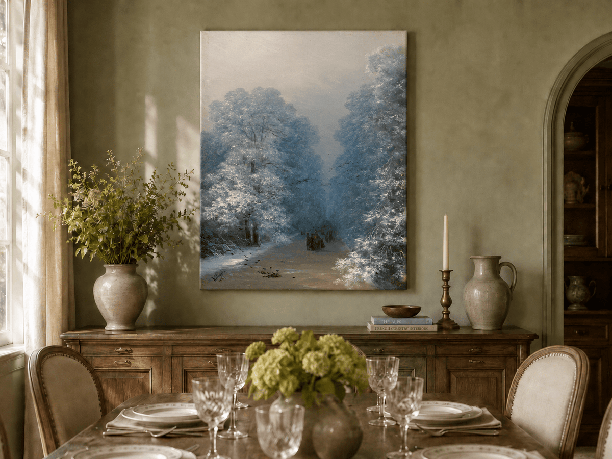 Hand-painted winter forest path landscape oil painting displayed in a dining room interior.