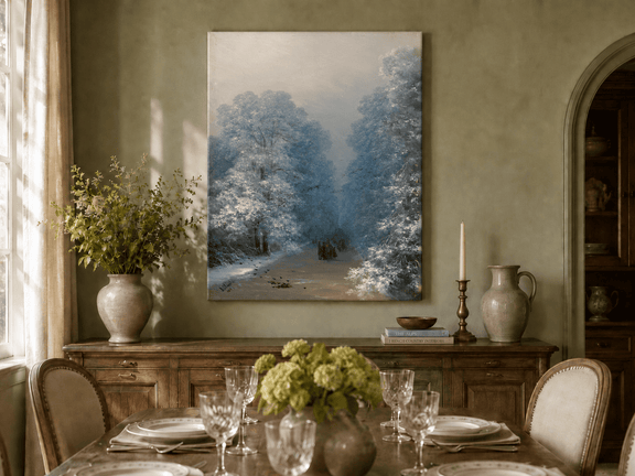 Hand-painted winter forest path landscape oil painting displayed in a dining room interior.
