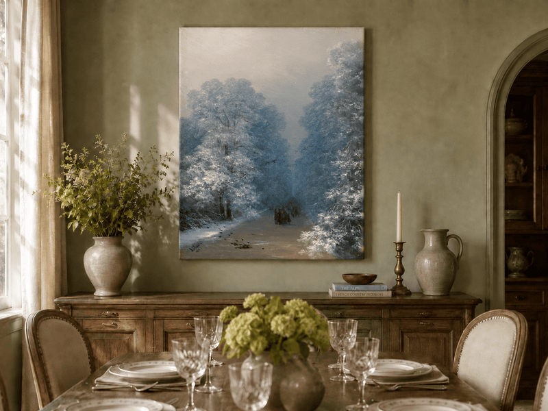Hand-painted winter forest path landscape oil painting displayed in a dining room interior.
