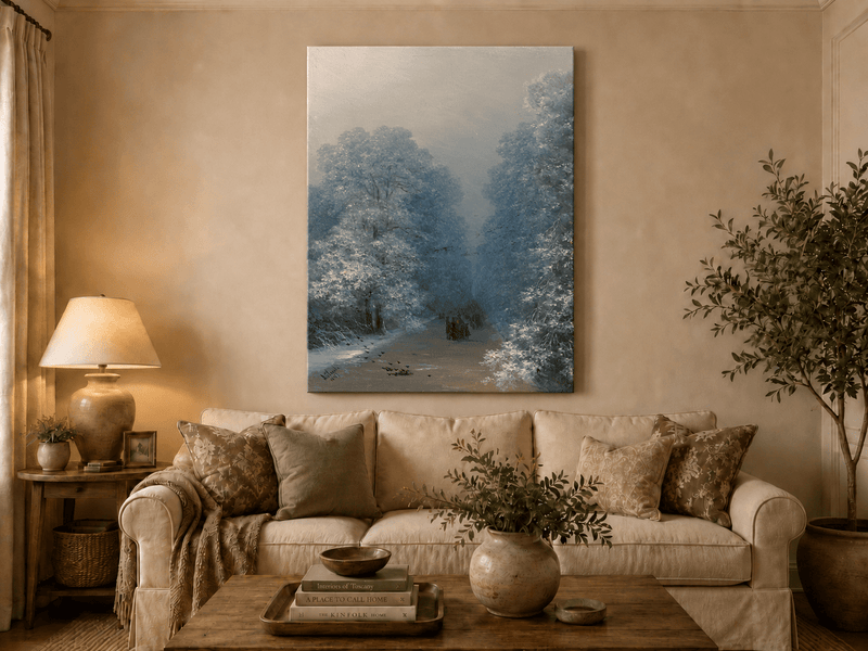 Hand-painted winter forest path landscape oil painting displayed above a sofa in a living room interior.