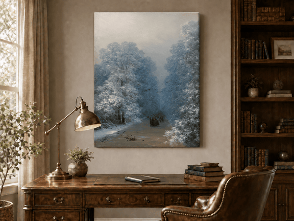 Hand-painted winter forest path landscape oil painting displayed above a desk in a home office interior.