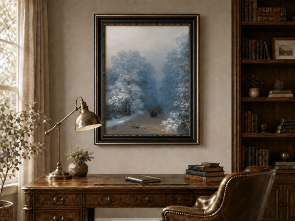 Hand-painted winter forest path landscape oil painting displayed above a desk in a home office interior.