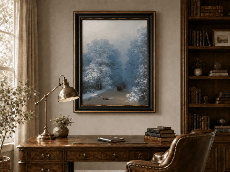 Hand-painted winter forest path landscape oil painting displayed above a desk in a home office interior.