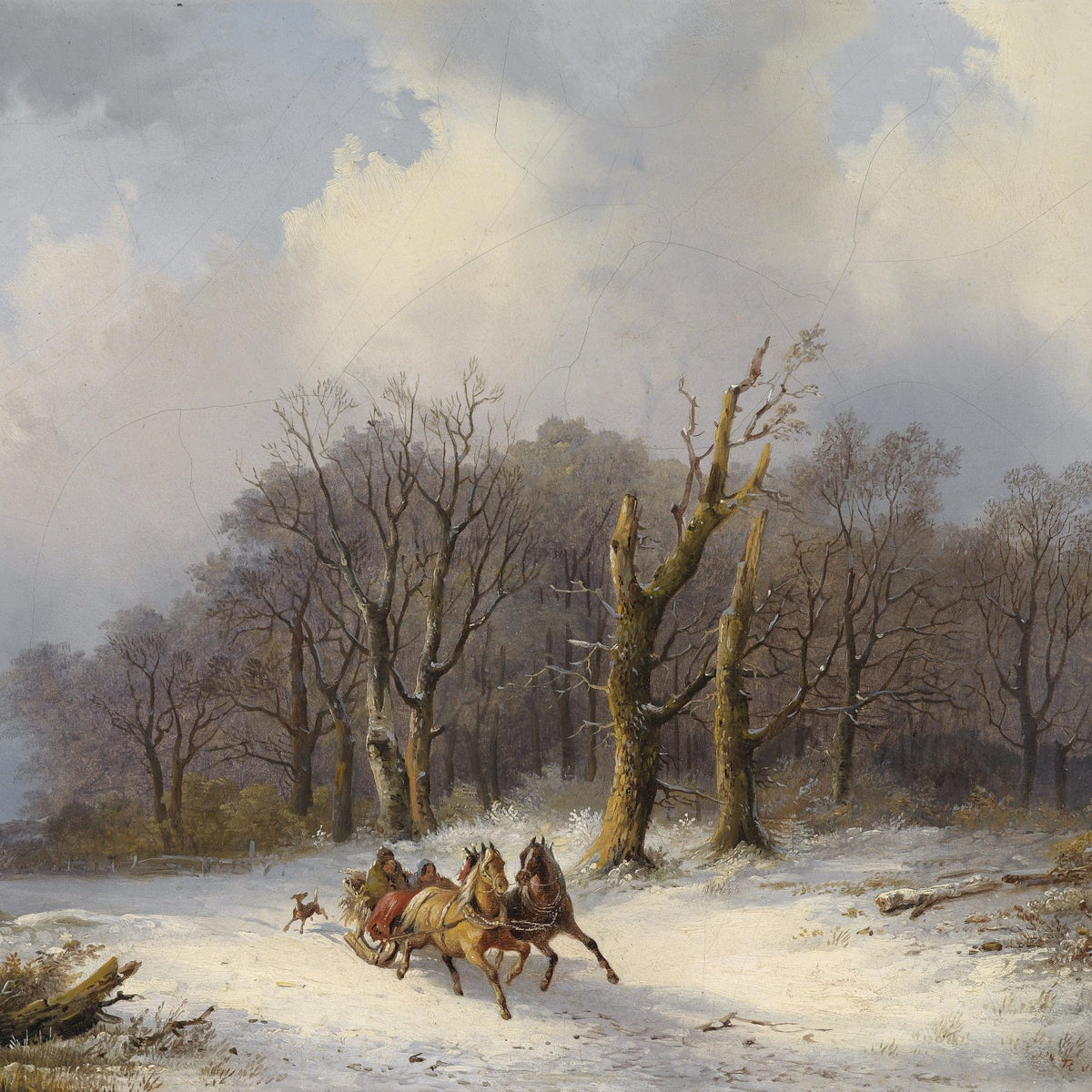Landscape Oil Painting - Winter Forest Sled Scene & Horses, Snowy Rural - Oil Painting Haven