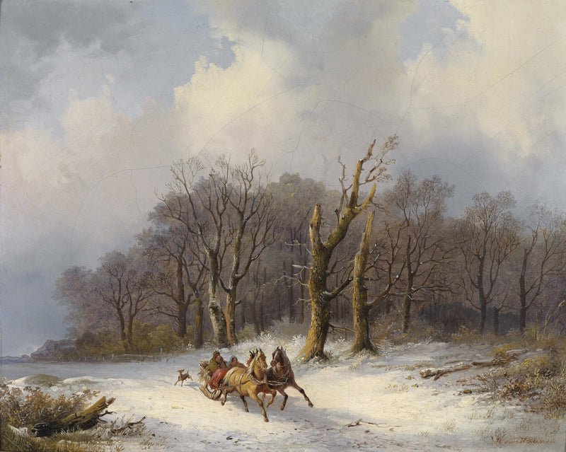 Landscape Oil Painting - Winter Forest Sled Scene & Horses, Snowy Rural - Oil Painting Haven