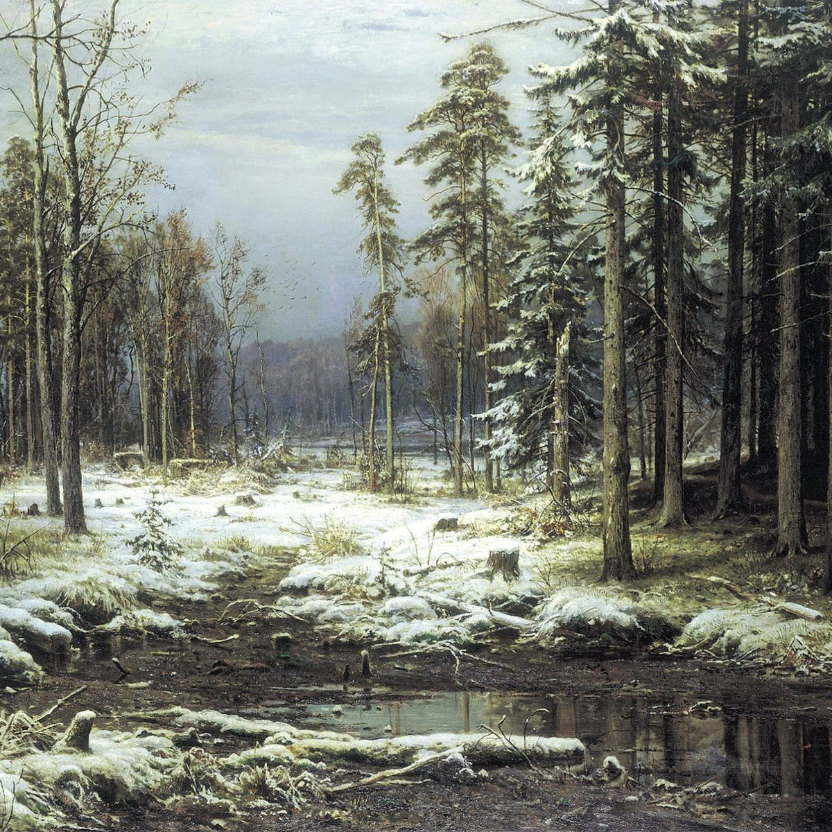 Hand-painted winter forest stream and snowy woods landscape oil painting on canvas