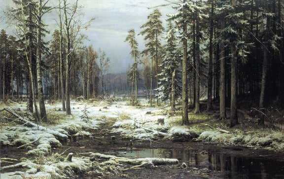 Hand-painted winter forest stream and snowy woods landscape oil painting on canvas