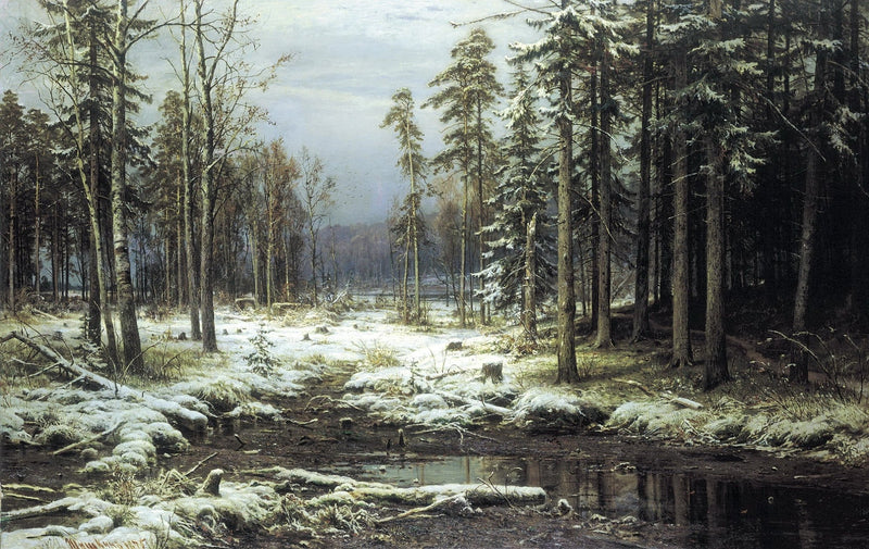 Hand-painted winter forest stream and snowy woods landscape oil painting on canvas