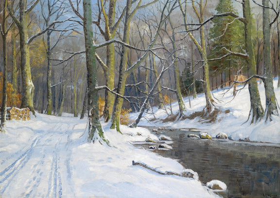 Landscape Oil Painting - Winter Forest Stream: Snow - Covered Trees - Oil Painting Haven