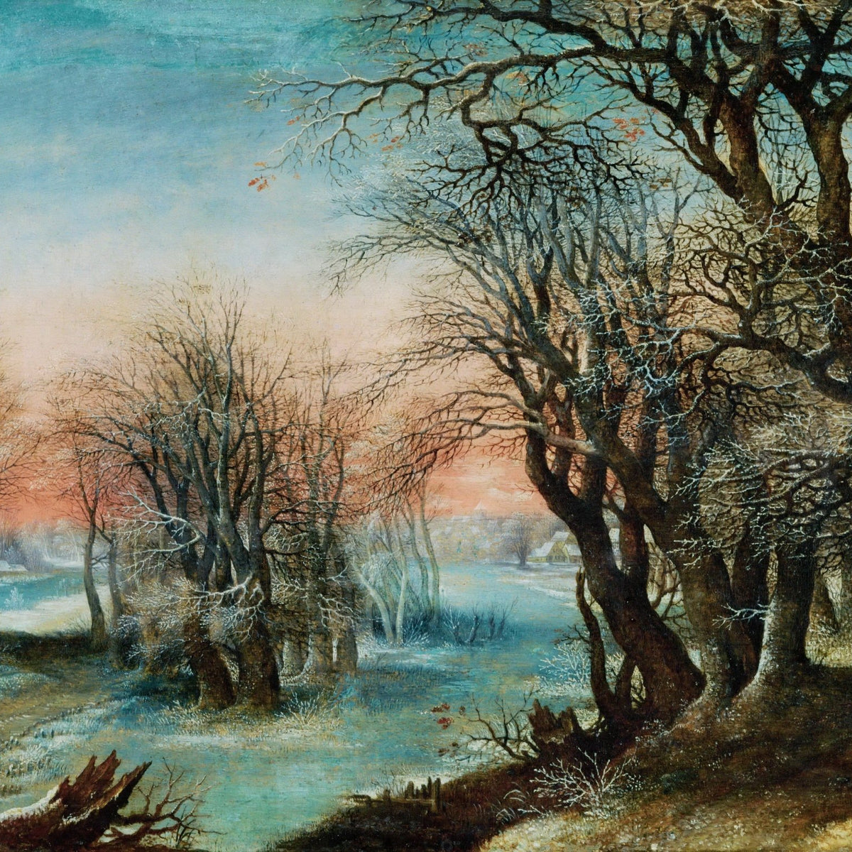 Hand-painted winter forest with snow and village landscape oil painting on canvas