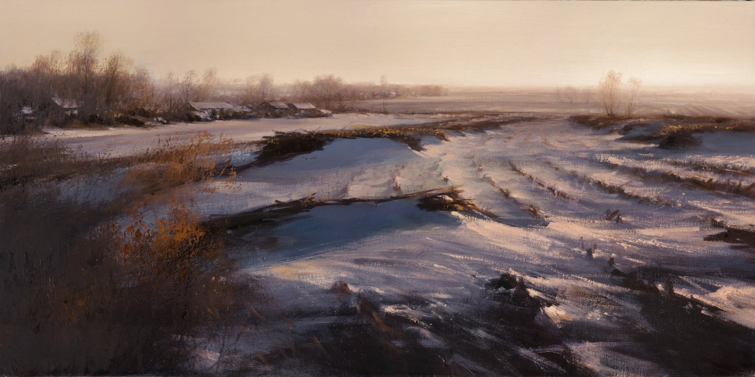 Landscape Oil Painting - Winter Frosty Landscape: Thin Snow & Soft Light - Oil Painting Haven