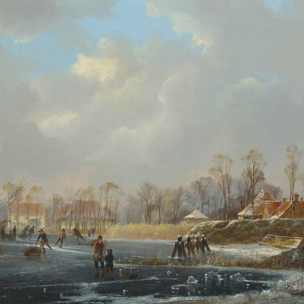 Landscape Oil Painting - Winter ice scene & skaters, frozen water - Oil Painting Haven