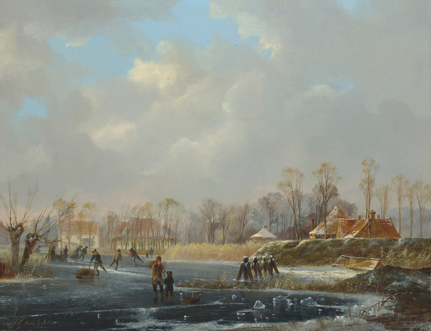 Landscape Oil Painting - Winter ice scene & skaters, frozen water - Oil Painting Haven