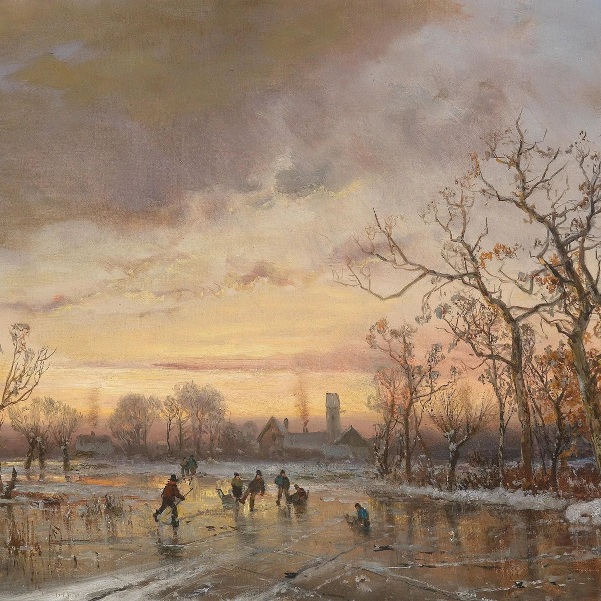 Landscape Oil Painting - Winter Ice | Skating at Sunset - Oil Painting Haven