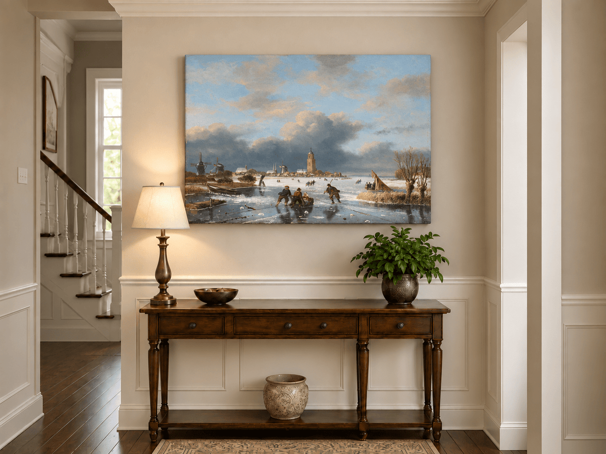 Peinture à l'huile de paysage - Scène de rivière hivernale avec personnages et chevaux