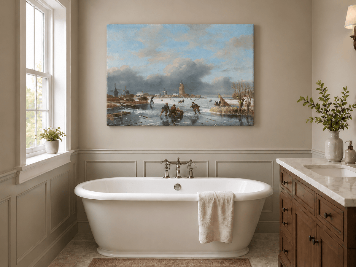 Peinture à l'huile de paysage - Scène de rivière hivernale avec personnages et chevaux