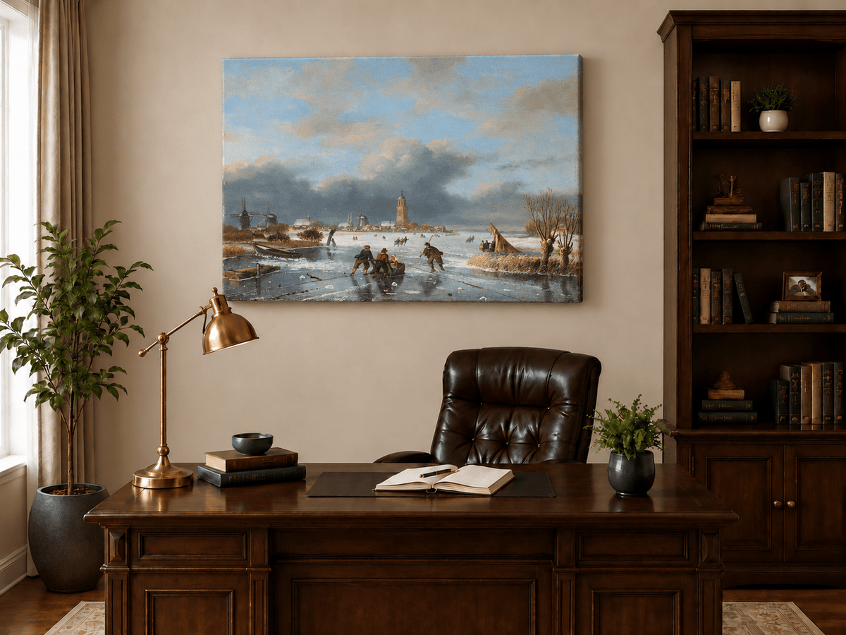 Peinture à l'huile de paysage - Scène de rivière hivernale avec personnages et chevaux
