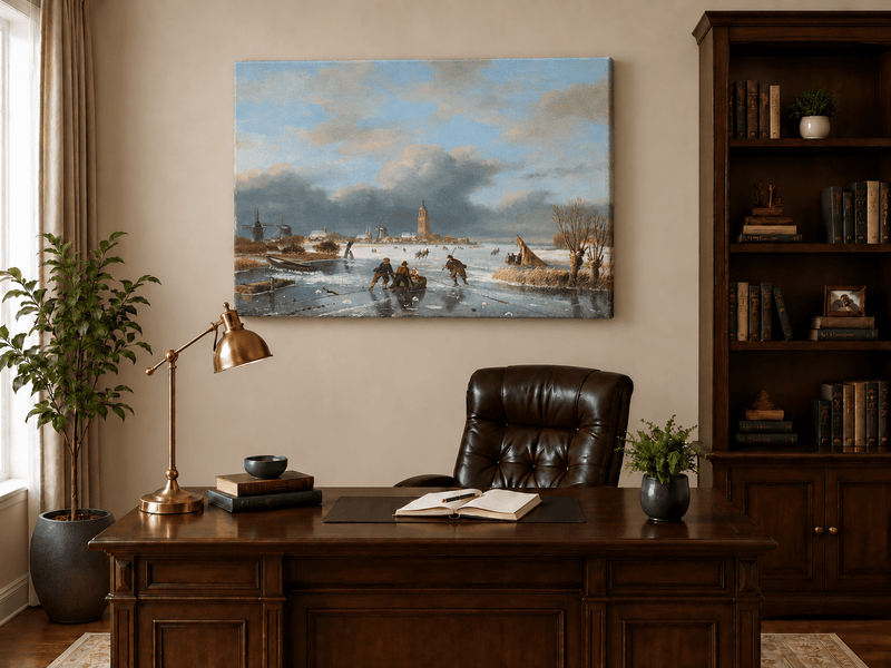 Peinture à l'huile de paysage - Scène de rivière hivernale avec personnages et chevaux