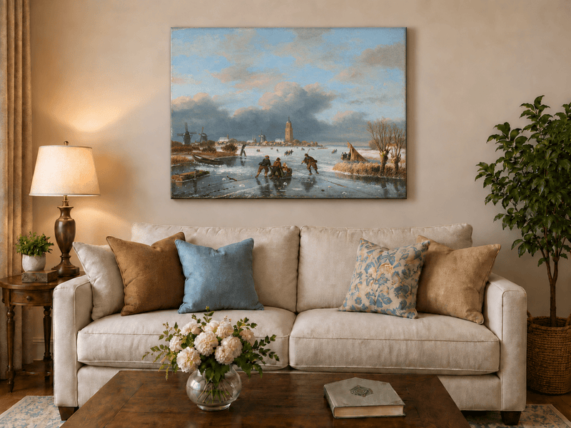 Peinture à l'huile de paysage - Scène de rivière hivernale avec personnages et chevaux