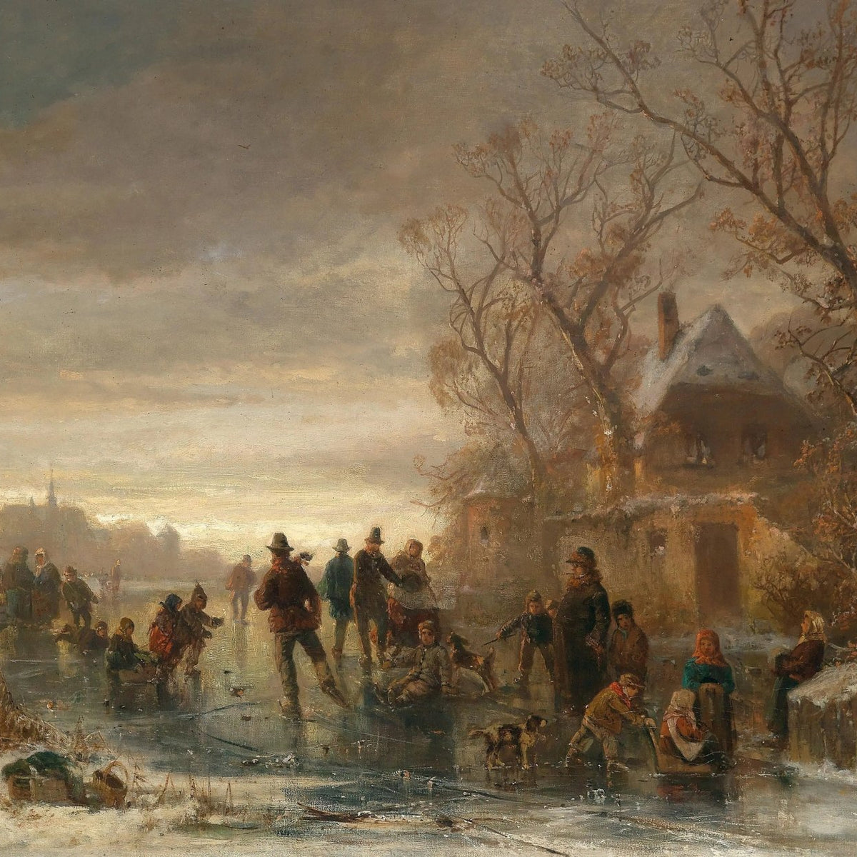 Landscape Oil Painting - Winter Ice Skating with Figures & Hut - Oil Painting Haven