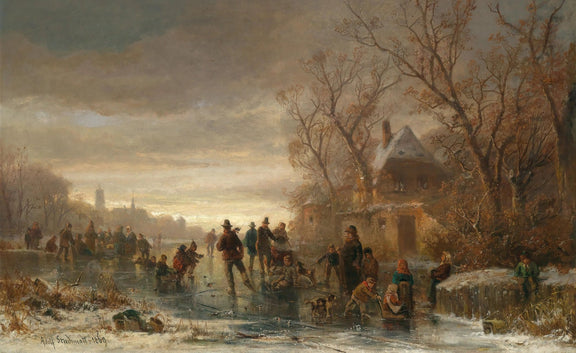 Landscape Oil Painting - Winter Ice Skating with Figures & Hut - Oil Painting Haven