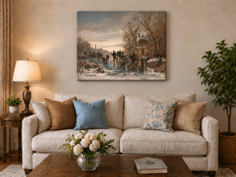 Landscape Oil Painting - Winter Ice Skating with Figures & Hut