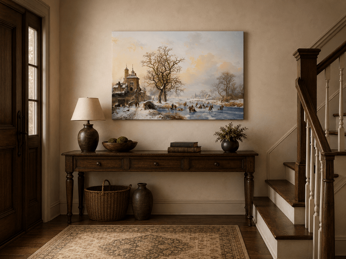 Ölgemälde Landschaft – Winterliches Dorf am Eisfluss