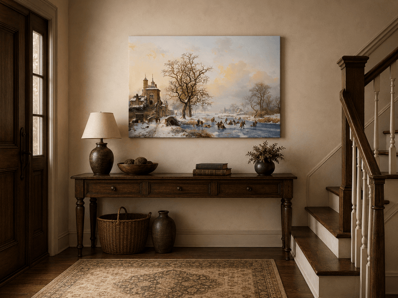 Ölgemälde Landschaft – Winterliches Dorf am Eisfluss