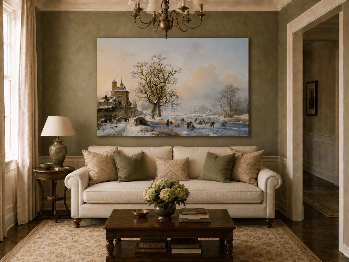 Ölgemälde Landschaft – Winterliches Dorf am Eisfluss