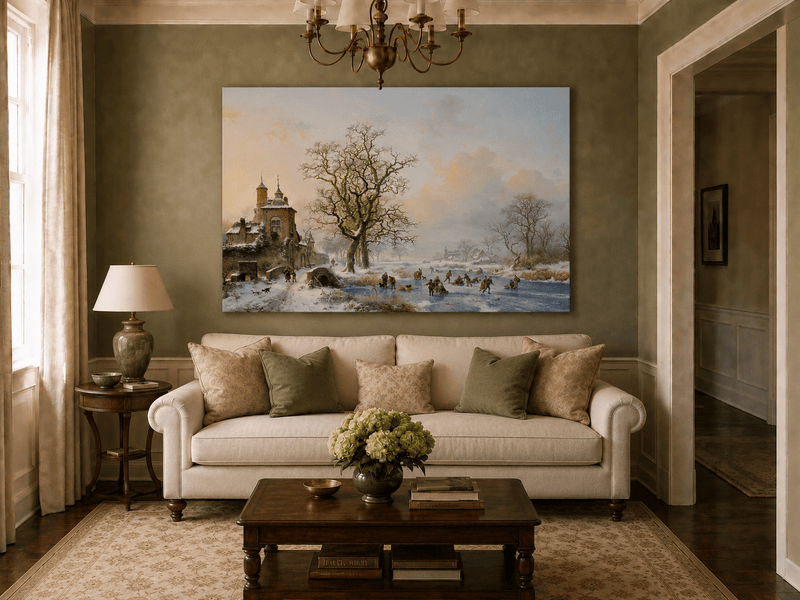 Ölgemälde Landschaft – Winterliches Dorf am Eisfluss