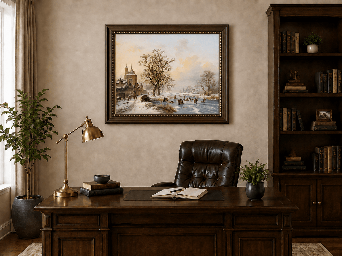 Ölgemälde Landschaft – Winterliches Dorf am Eisfluss