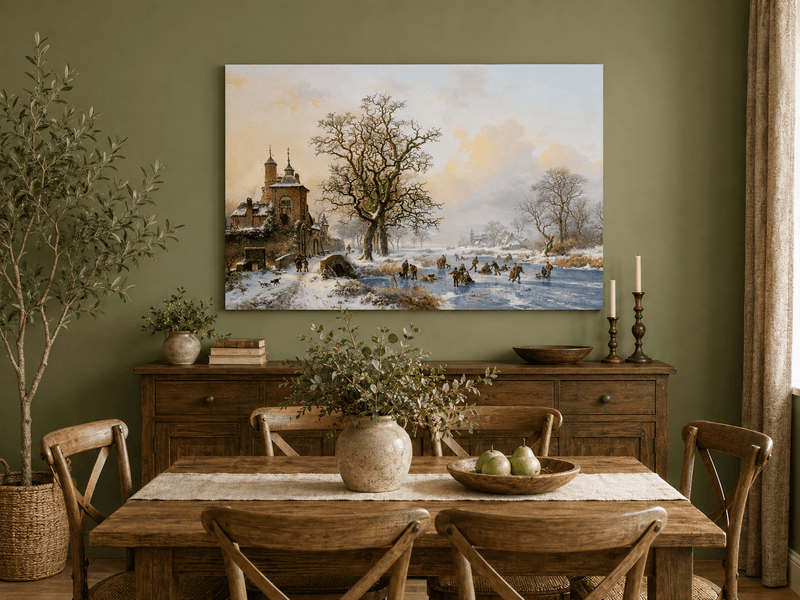 Ölgemälde Landschaft – Winterliches Dorf am Eisfluss