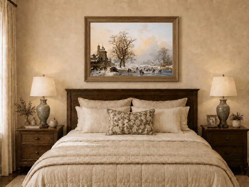 Ölgemälde Landschaft – Winterliches Dorf am Eisfluss