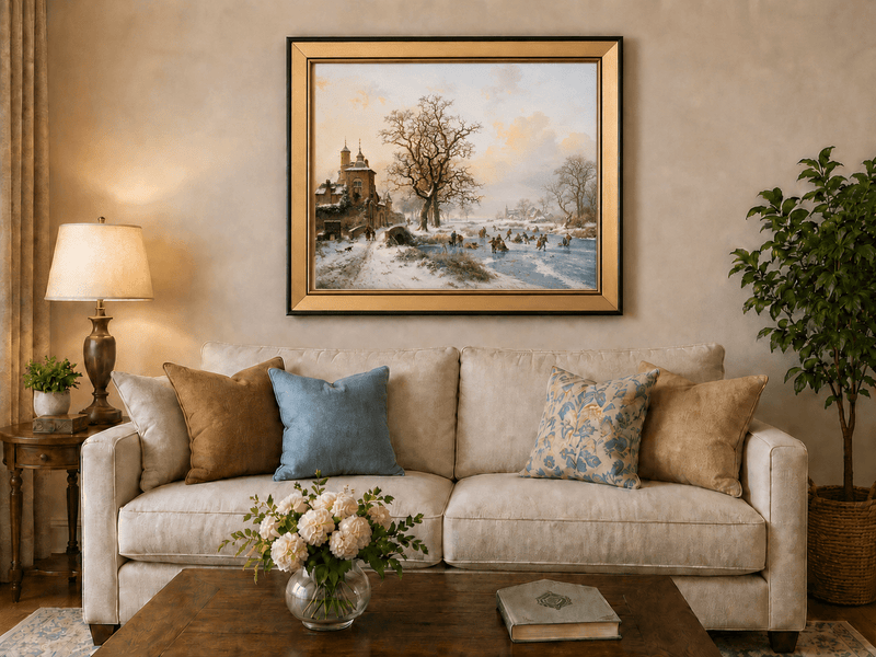 Ölgemälde Landschaft – Winterliches Dorf am Eisfluss