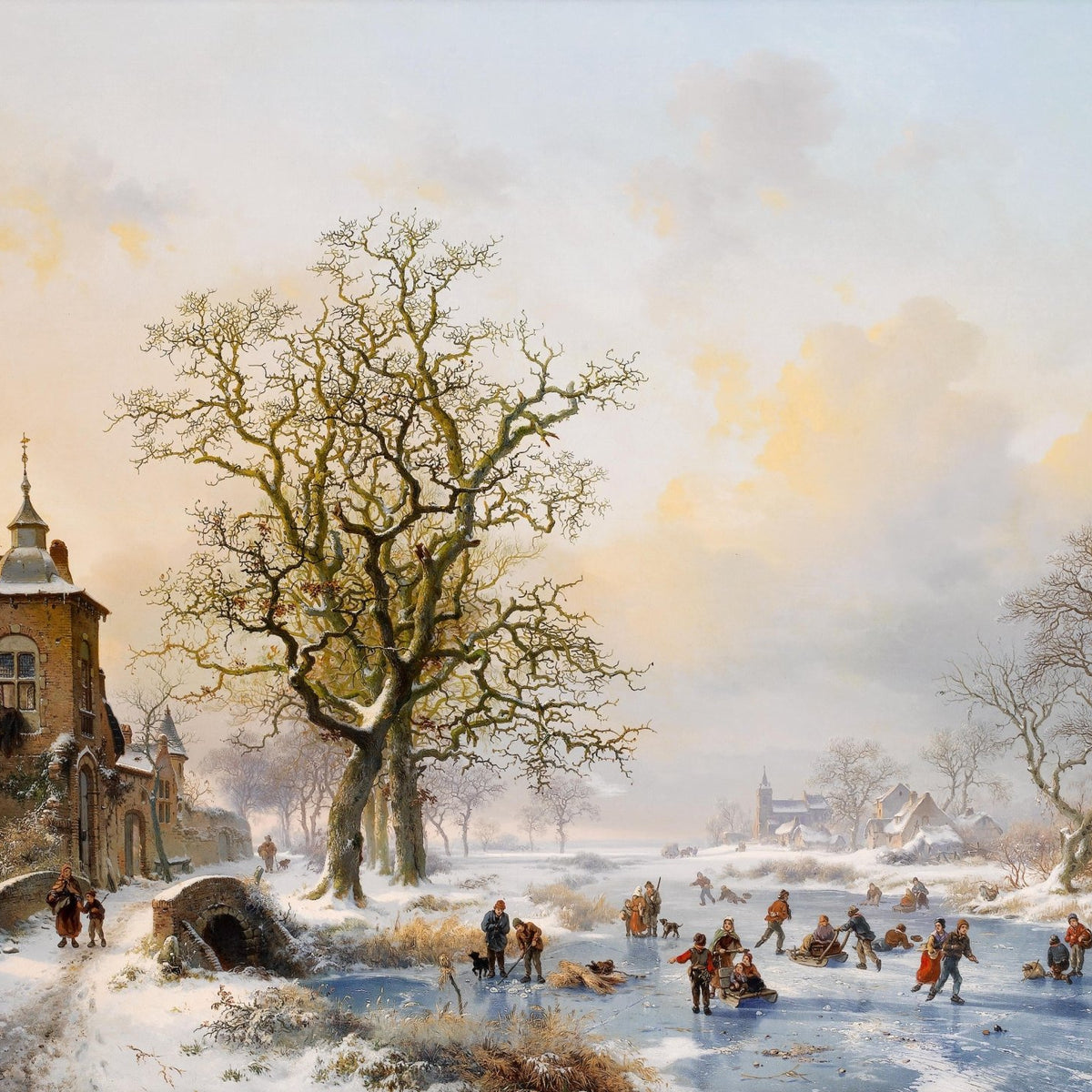 Landscape Oil Painting - Winter Icy River Village, Towered Building - Oil Painting Haven