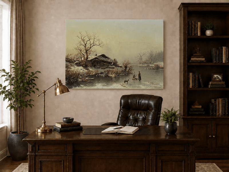 Landscape Oil Painting - Winter Lakeside Cottage Figures