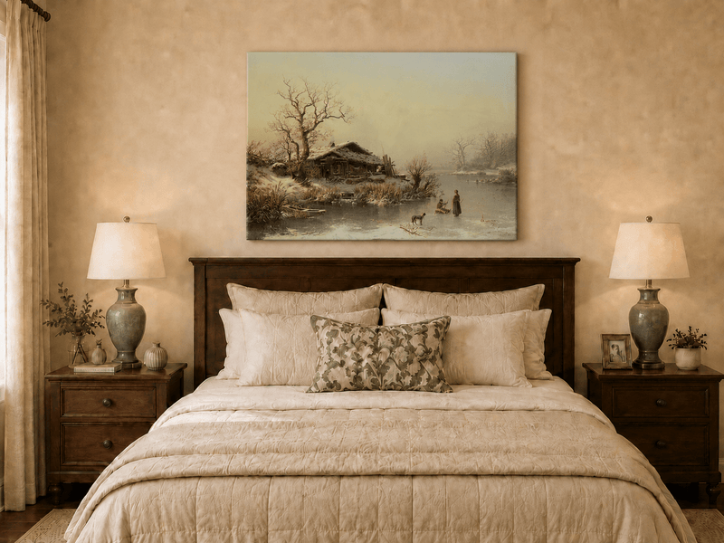 Landscape Oil Painting - Winter Lakeside Cottage Figures