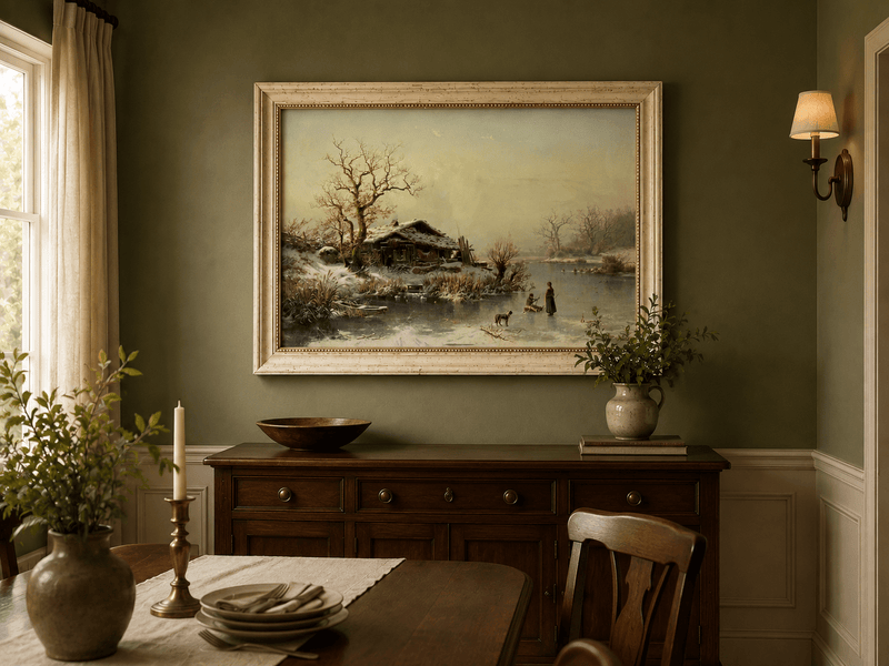 Landscape Oil Painting - Winter Lakeside Cottage Figures