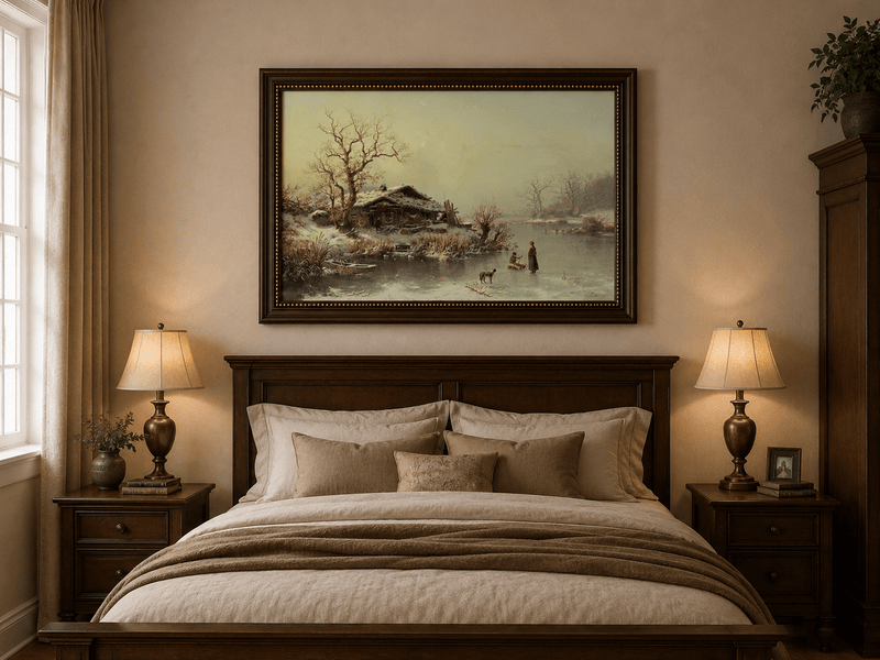Landscape Oil Painting - Winter Lakeside Cottage Figures